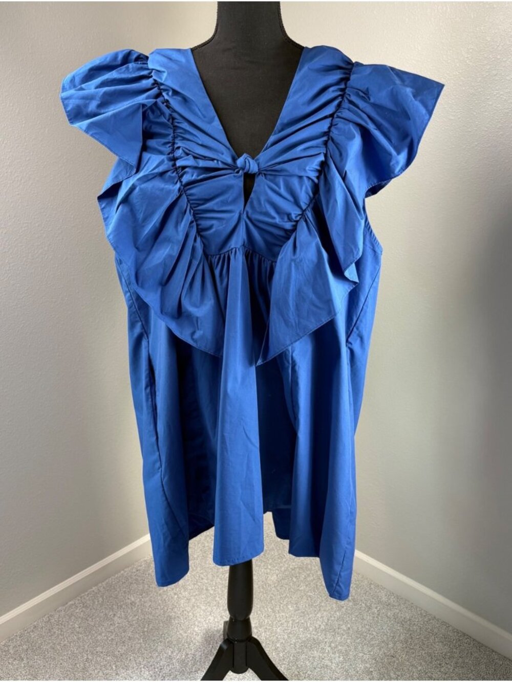 Anthropologie Blue Tassel Dress Womens 1X Ruffled Waistless Mini Pockets
